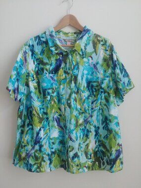 White Stag 3X 100% cotton short sleeve button up blouse shirt top blue birds